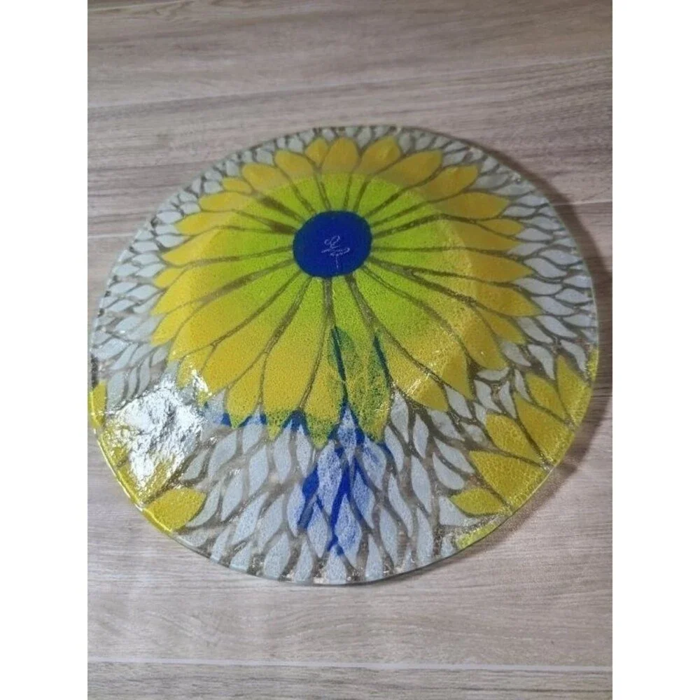 Hand Painted Glass Plate Yellow Flower Dragonfly Stained Glass Style Signed 8.5